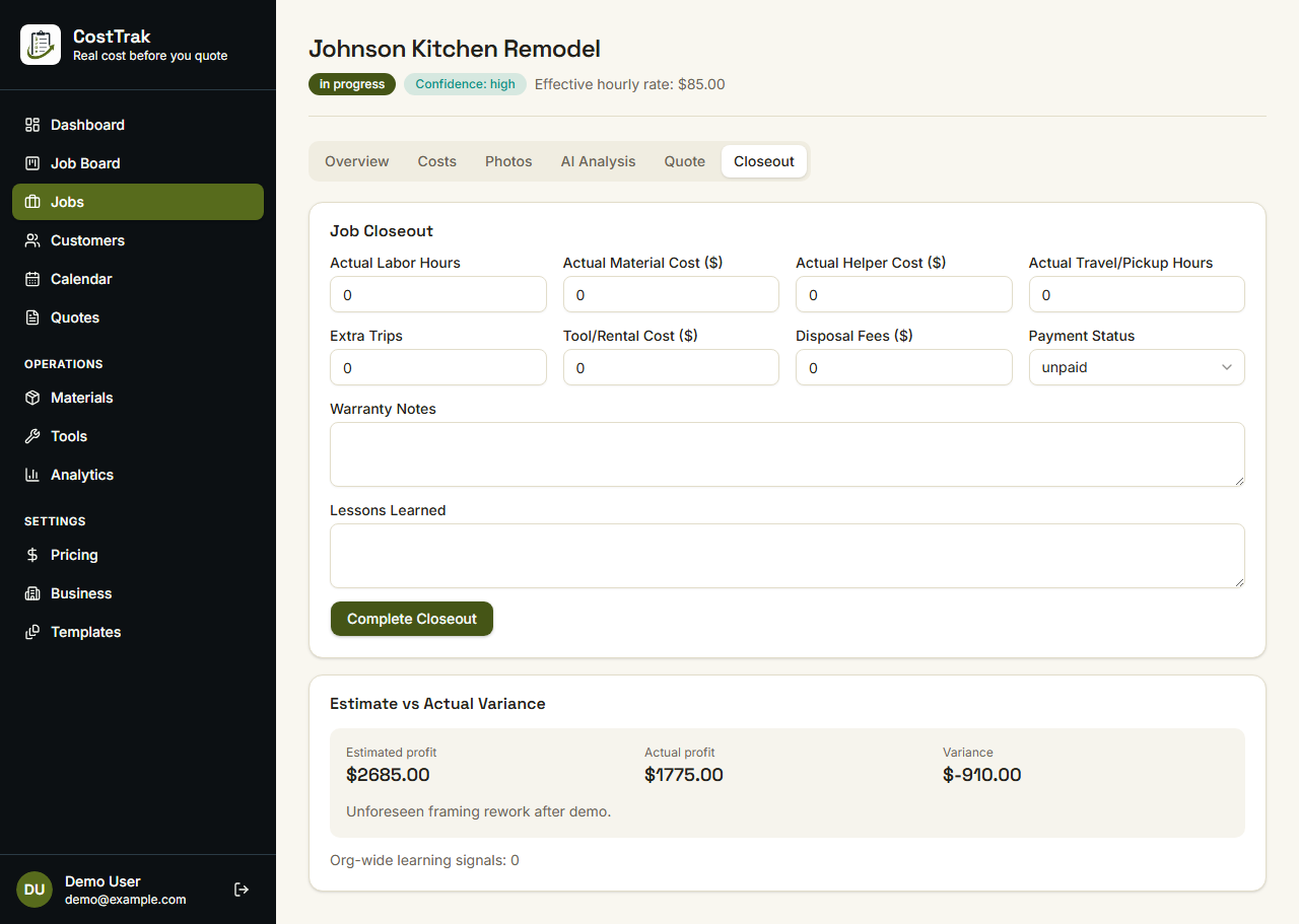 CostTrak estimated vs. actual margin screen